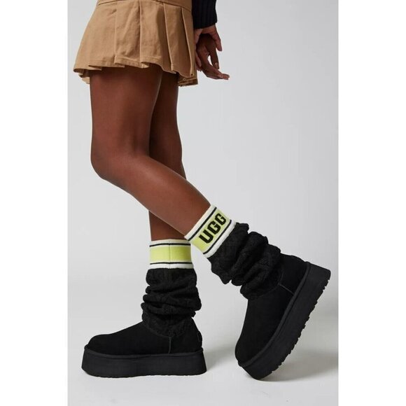 NEW UGG CLASSIC SWEATER LETTER KNIT SUEDE PLATFORM BOOTS BLACK SIZE US 9 - Picture 2 of 9